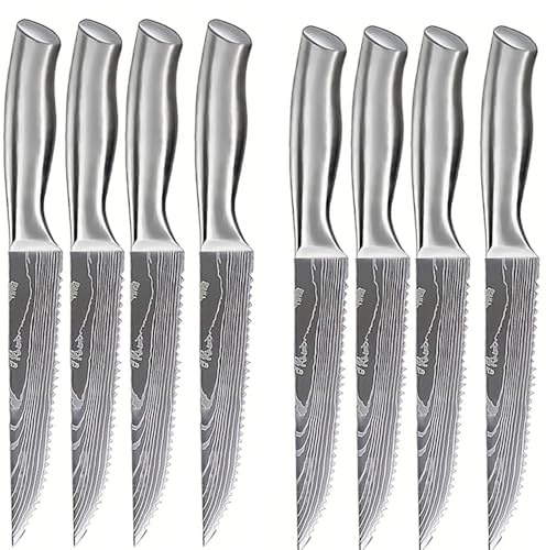 BFYLIN Steakmesser 8-Teilig Set, Hochwertiger Edelstahl Steak Messer, ultrascharfe gezackte Klinge und ergonomischer, Tafelmesser (8-teilig Silber)