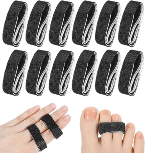 ValueBargain 12 Pcs Buddy Tape Finger Straps, Reusable Hook And Loop Finger Buddy loops for Fingers Injury Support and Protection, Curled Toes, Black (5.5 x 0.5 In)