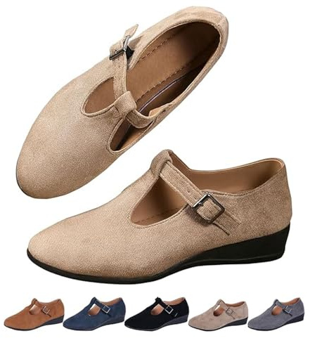 Zapatos ortopédicos de suela gruesa para mujer, puntera puntiaguda, correa con hebilla, suela de cuña baja, cómodos zapatos de vestir para el trabajo casual, Khaki, 36 EU
