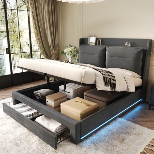 LAKFEW Camas Matrimoniales Cama 140x190 cm con LED y Almacenamiento Hidráulico, Cama Matrimonio Camas Juveniles con Cajón de Almacenamiento 2 en 1 y Cabecero Tapizado, Gris Oscuro, Sin Colchón