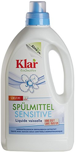 Klar Spülmittel Bio sensitive ohne Duft 1,5l – Kraftvolles Geschirrspülmittel flüssig mit hoher Fettlösekraft – Hautfreundliches Spüli Konzentrat in recycelter Flasche – Vegan Dish Soap