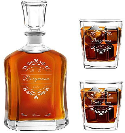 Maverton Whiskey Karaffe + 2/4 / 6er Whiskygläser Set mit Gravur - 700ml Whisky Dekanter - Weihnachtsgeschenke - Geschenk zum Hochzeitstag für Paar - Monogramm