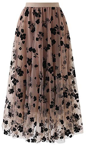 CHICWISH Women's Caramel 3D Posy Double-Layered Mesh Midi Skirt, Size S-M
