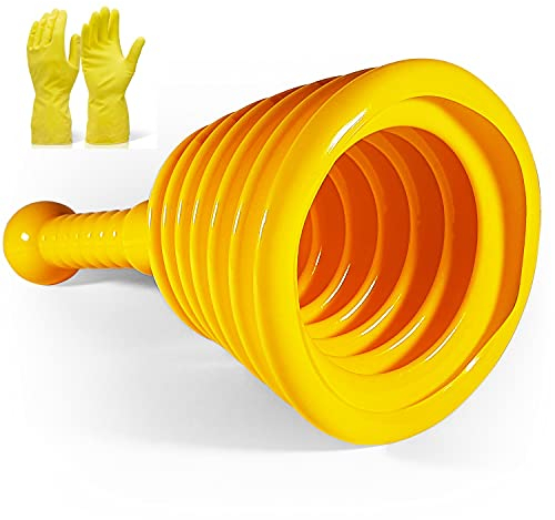 Free Flow Sink and Shower Plunger with Cleaning Gloves - for Unblocking Basin, Kitchen Sink & Bath Drains; Heavy Duty Drain Unblocker Tool for Commercial and Home Use - Yellow