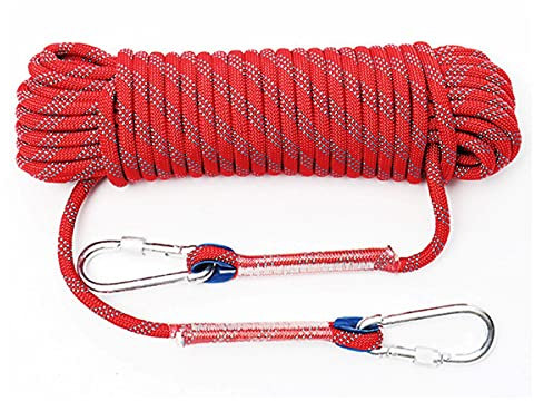 QHY Corde D’Escalade en Rappel Auxiliaire en Polyester/Nylon 10mm avec Mousqueton À Verrouillage Corde De Survie À Usages Multiples Et Ultra-résistante (Color : Red, Size : 15m*10mm)