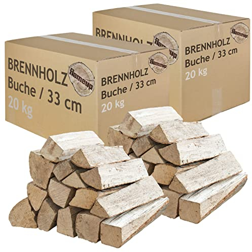 Leña Madera 40 kg para Estufa y Chimenea Brasero Parrilla Cesta de Fuego Troncos de Madera de Haya 33 cm Flameup
