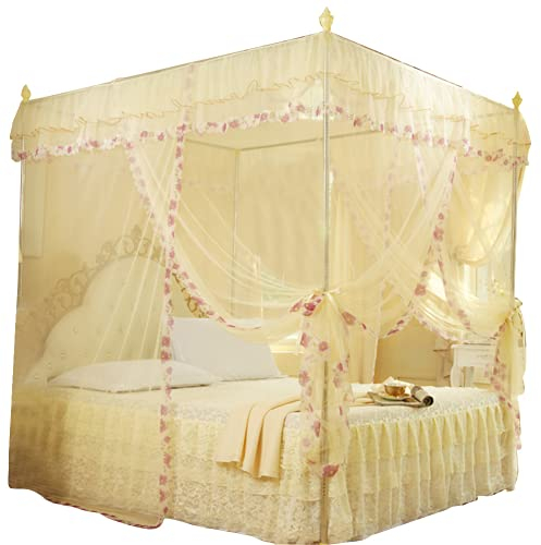 Mosquitera de Cortina de Cama con Dosel de Poste de 4 Esquinas para Niñas Y Adultos, Accesorios de Decoración de Dormitorio de Princesa de Lujo, Apertura de 3 Lados(120*200*200-Beige)