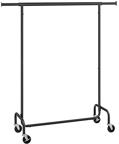 SONGMICS Kleiderständer auf Rollen, Garderobenständer, hochbelastbar, ausziehbare Kleiderstange, bis 130 kg belastbar, 45 x (110-150) x 162,9 cm, aus Metall, verchromt, Mattschwarz HSR011B01