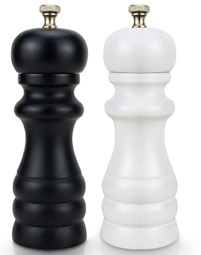 Salt and Pepper Grinder Set of 2, Manual Salt Mill & Pepper Mills with Adjustable Coarseness, Refillable Wood Spice Shakers, Kitchen Accessories for Chili, Sesame, Himalayan (Black and White)