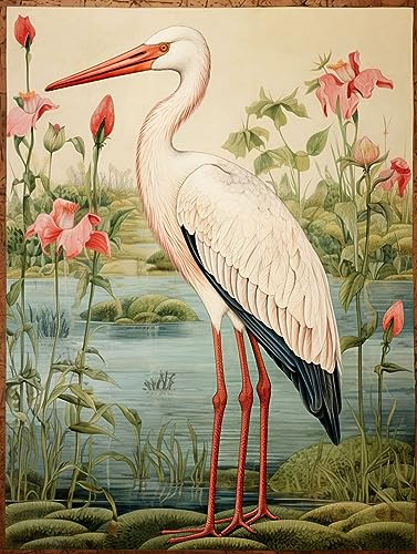 ECUCU DIY 5D Diamond Painting Bausätze, Weißer Storch steht auf dem Wasser,F Diamant Malerei Full Diamond Kristall Strass Stickerei Bilder Wohnzimmer Dekor Wand Aufkleber