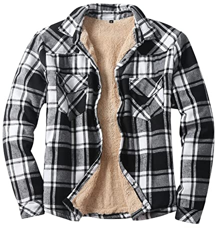 Beokeuioe Men's Flannel Shirt Winter Jacket Fleece Lining Protective Lining Lumberjack Shirt Thermal Shirt Work Shirt Winter Warm Softshell Jacket, A2 Black, M