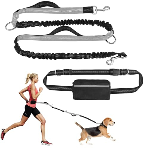 Hunde Joggingleine, Freihändige Leine mit Gürteltasche, Outdoor Hundelauf sicherheitsleine mit Reflektierenden Nähten & Dehnbarem Gummibund, Doppelgriff Einziehbares, für Große Mittelgroße Hunde