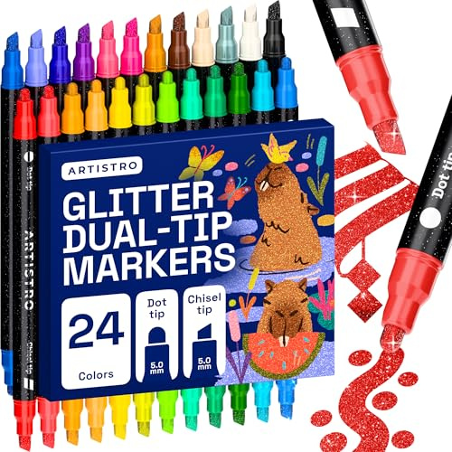 ARTISTRO 24 Shimmering Glitter Dual-Tip Paint Pens – Sparkly Markers with Acrylic Ink for Rock, Ceramic, Wood, Fabric, & More – Dot + Chisel Tips