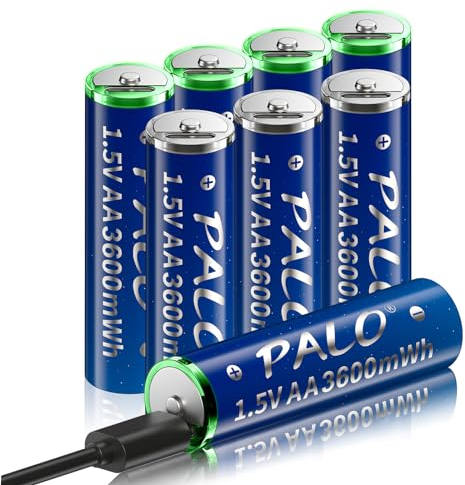 Mspalocell USB-C Lithium AA Batería Recargable 1.5V 3600MWh, baterías AA Recargables de Carga rápida con Varios Cables de Carga Tipo C, bajo autolargo, con luz de Carga, 8 Piezas