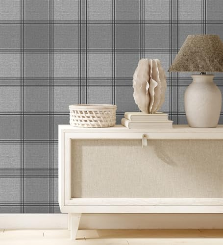 GAULAN 682859 - Carta da parati vinilica a quadri scozzesi effetto tessile in rilievo colore nero grigio per pareti soggiorno cucina camera da letto - Rotolo di 10 m x 0,53 m