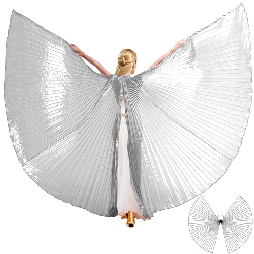 MUNAFIE Ailes Isis Unisexe pour Adulte, Cape de Danse du Ventre, avec bâtons, Costume d'halloween, de Danse du Ventre, pour Carnaval, Cosplay, Danse, Argent