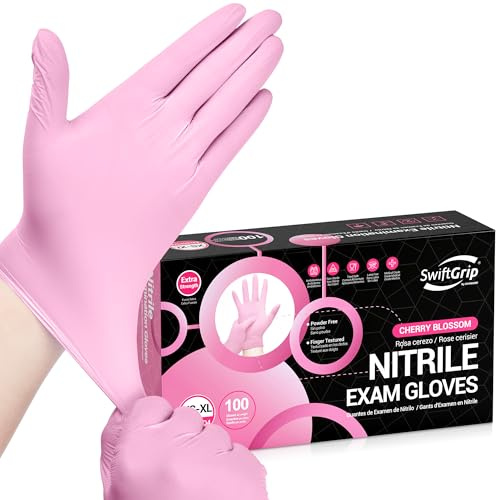 SwiftGrip Nitrile Exam Gloves, 4 Mil, Medium, Cherry Blossom, Food Safe Gloves Disposable Latex Free, Powder Free for Cleaning Supplies, Esthetician, Hair Dye, Tattoo Supplies (Box of 100)