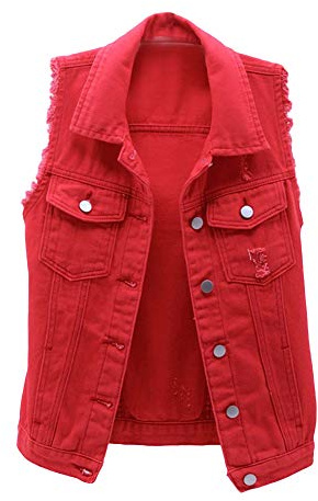 Gilet sans manches en jean avec col en V et boutons pour femme, Rouge, 46-48