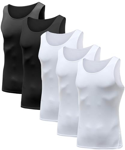 HIBETY Lot de 3 ou 5 débardeurs de compression sans manches pour homme, couche de base, débardeur de compression au frais et au sec, débardeurs de gym musculaire, Lot de 5 (noir/noir/blanc/blanc),