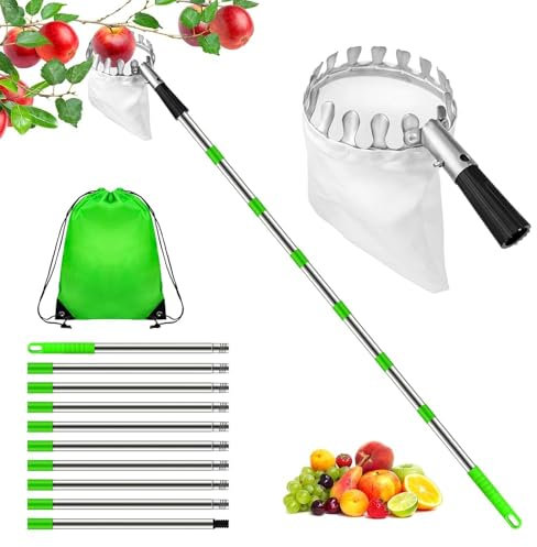 Hysagtek Recogedor de manzanas, recogedor de frutas de 4 m con mango telescópico, bolsa de algodón para manzanas, cerezas, peras, ciruelas, ayuda ajustable con barra de acero inoxidable, ideal para