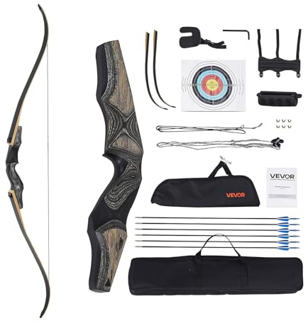 VEVOR Recurve Bow and Arrows Kit, 60 inch Wooden Takedown Bows, Right Handed Ergonomic Archery Recurve Bow Package, Longbow for Outdoor Target Training Practice Hunting, Beginners to Advanced