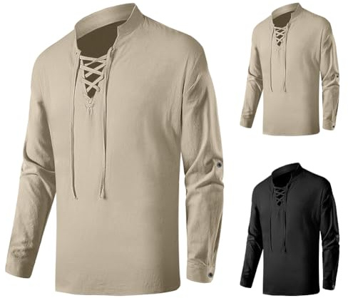 BSBUY Men's Medieval Shirt Cotton Long Sleeve Shirt, Retro Lace-Up Top Medieval Vintage Costume for Renaissance Pirate Viking Medieval