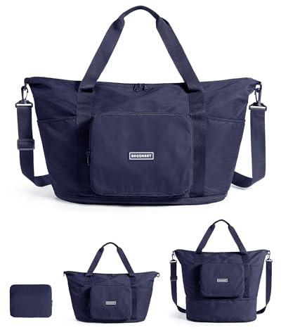 BAGSMART Foldable Travel Duffle Bag, 24L-37L Holdall for Weekend Overnight | Expandable Carry on Bag for Daily Use, Shopping, Hospital, Airplane, Hand Luggage, with Tolley Sleeve, Navy Blue