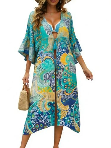 Koerye Robe de Plage Femme Été Boho Cardigan de Plage Paréo Front Ouvert Chemisier Kimono Cache-Maillots et Sarongs Beachwear
