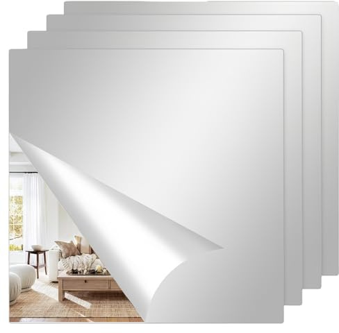 4 Stück Selbstklebende Fliesenspiegel Spiegel zum Aufkleben, 20 x 20 cm Acrylspiegel, Spiegel zum Ankleben Mirror Wall Wandspiegel Klebespiegel für Wand Schule Wohnzimmer Badezimmer Schlafzimmer