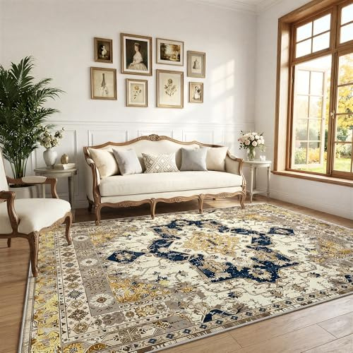 Klyvvo Bohemien Tappeto Soggiorno 240x300 cm, Pelo corto Tappeto con motivi floreali, 1200 g/m³ poliestere, lavabile in lavatrice,TPE antiscivolo base,per camera da letto,sala da pranzo,Giallo