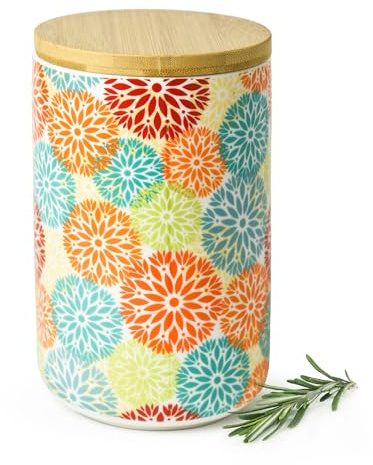 Sendez Förvaringsburk i porslin på 800 ml med bambulock, lufttät – förvaringsburk, förvaringsburk, kaffeburk, teburk, sockerburk, kryddburk, boho, blommor design, färgglad