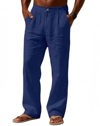 Casuayaloo Men's Linen Trousers Lightweight Summer Beach Pants Loose Fit Elastic Waist Zipper Trouser