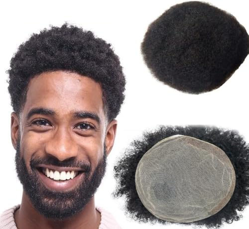 NLW Full Lace Afro kinky men hairpieces Mens Afro Toupee Human Hair Piece Men's hair Replacement System toupee for men Remy Natural human hair toupee for man large size 10x8#1 Jet Black