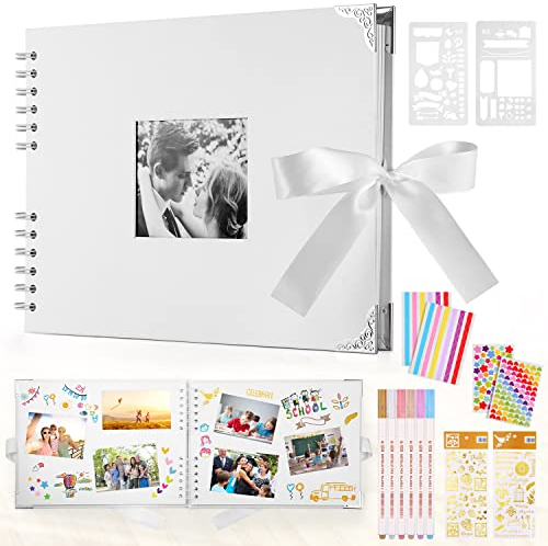 DazSpirit Fotoalbum 29,5 X 21cm Fotoalbum Zum Selbstgestalten Schwarz Fotobuch Mit 80 Seiten Scrapbook, Für 160 Bilder, Inkl.6 Metallic Farbmarker, Gästebuch Für Geburtstag Und Hochzeit(Weiß)
