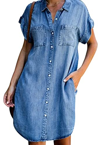 Tidecc : Robe chemise en jean pour femme grande taille à manches courtes – Robe en jean boutonnée – Robe écourtée en denim, bleu clair, 48-50