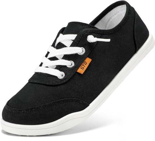 STQ Slip On Orthopedic Shoes Women Low Top Classic Fashion Canvas Sneakers with Arch Support Casual Shoes Black White Size 7