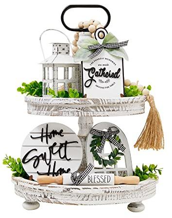 Houmury Set of 16 Farmhouse Tiered Tray Decor with 1 Lantern Artificial Plant& Cutting Board Sign for Rustic Home Kitchen Decor Tier Tray Decor Set (Tiered Tray Not Included)