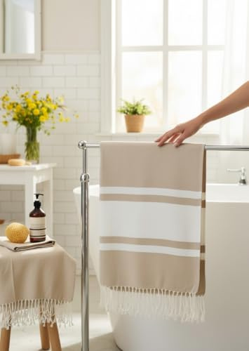Lot de 2 Fouta de Plage XXL - Serviette Grande Taille– Drap de Bain Grande Taille Hammam, Sauna, Spa – Fouta Plage 100x200 cm - 100% Coton (Beige, Lot de 2)