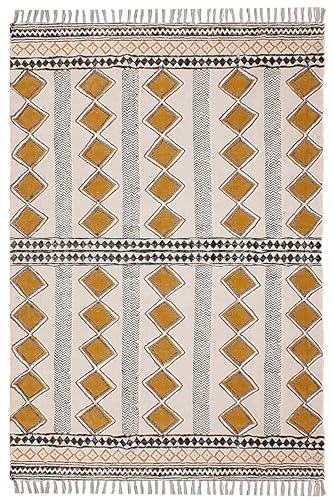 CASAVANI Quadratischer böhmischer Teppich, 90 x 90 cm, gelb, senfgelb und beige, Baumwolle, Dhurrie, waschbar, für Schlafzimmer, Wohnzimmer, Küche, handgefertigter Teppich, natürlicher Teppich