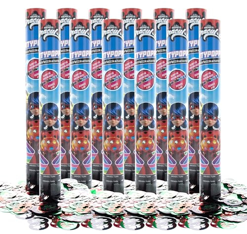 Party Factory – Konfettikanone Miraculous Party Popper 12er Set – Partygadgets Konfetti Kanone 40cm mit bunt schimmernden Schnipseln für Kindergeburtstag – Bis 8m Flughöhe, für Innen & Außen