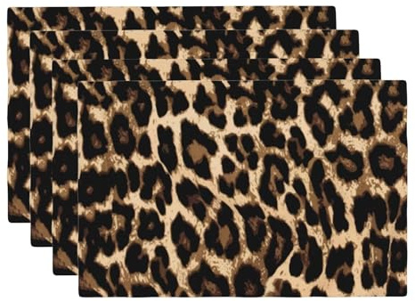 VIGGINER Black Brown Leopard Print Placemats Set of 4 Cheetah Leopard Skin Linen Washable African Wild Animal Placemat Kitchen Dining Heat-Resistant Place Mats Desktop Decor Table Mats 12x18 Inch