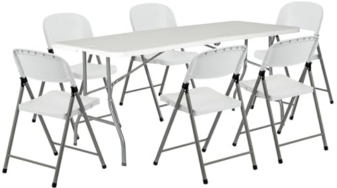 Harbour Housewares Folding Camping Picnic Table & Chair Set - 180cm (6ft) - White - Foldable Portable Plastic Outdoor Garden Dining Furniture