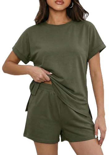 IWOLLENCE Damkostym, sommar, korta ärmar, shorts, kostym, Armégrön, L
