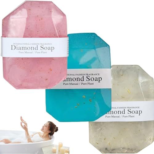 Jabón de diamante de 3pcs, jabón de aceite de baño con forma de gema de planta natural, esencial de aceite esencial perfumado botánico, de baño de aluminio de oro para mujeres y hombres