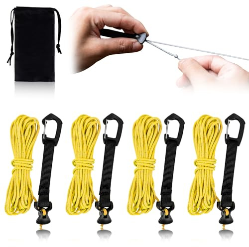 4M Reflective Tent Guy Ropes - Ultralight Outdoor Tent Guide Rope with Locking Carabiner Clip,2mm 100% Nylon Cord Wind Line for Awning Camping Hiking Tents (Yellow, 4M)