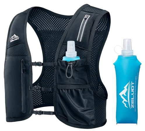 Zelvot Laufweste für Damen und Herren, Europäisches Originalpatent, Verstellbare Brustgurte, Trinkrucksack mit 500ml Wasserflasche und Handyhalterung, Reflektierender Laufrucksack für Marathon