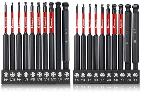 ColumPRO Juego de 20 brocas hexagonales de extremo de bola métrica e imperial de 100 mm, juego de puntas hexagonales largas Allen S2 de acero magnético para lugares de trabajo complejos.