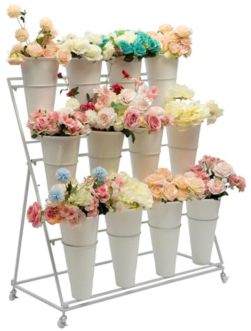 DCEHKR Flower Display Stand with Buckets, 3-Layer Rolling Flower Plant Cart Stand, Moving Florist Bouquet Shelf with 4 Universal Wheels, Metal Flower Stand, Flower Cart Shelf, Movable Flower Bar