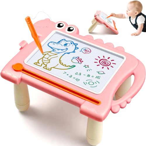 AiTuiTui Ardoise Magique Dinosaure Pieds Amovibles pour Enfants, Tableau Magnétique Éducative Bébé 1 2 3 Ans, Jouet Créatif d’Écriture Filles Garçons, Jouet de Voyage Cadeau Anniversaire Noël, Rose
