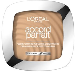 L'Oréal Paris Cipria Uniformante e Fissante, Per Tutti i Tipi di Pelle, Pelle Setosa e Risultato Naturale, Arricchita con Pigmenti Minerali e Acido Ialuronico, Accord Parfait, 3D Beige Doré